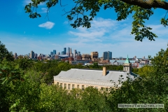 View from the base of the Witch's Hat Water Tower with Pratt Elementary School in the foreground and downtown Minneapolis in the distance
